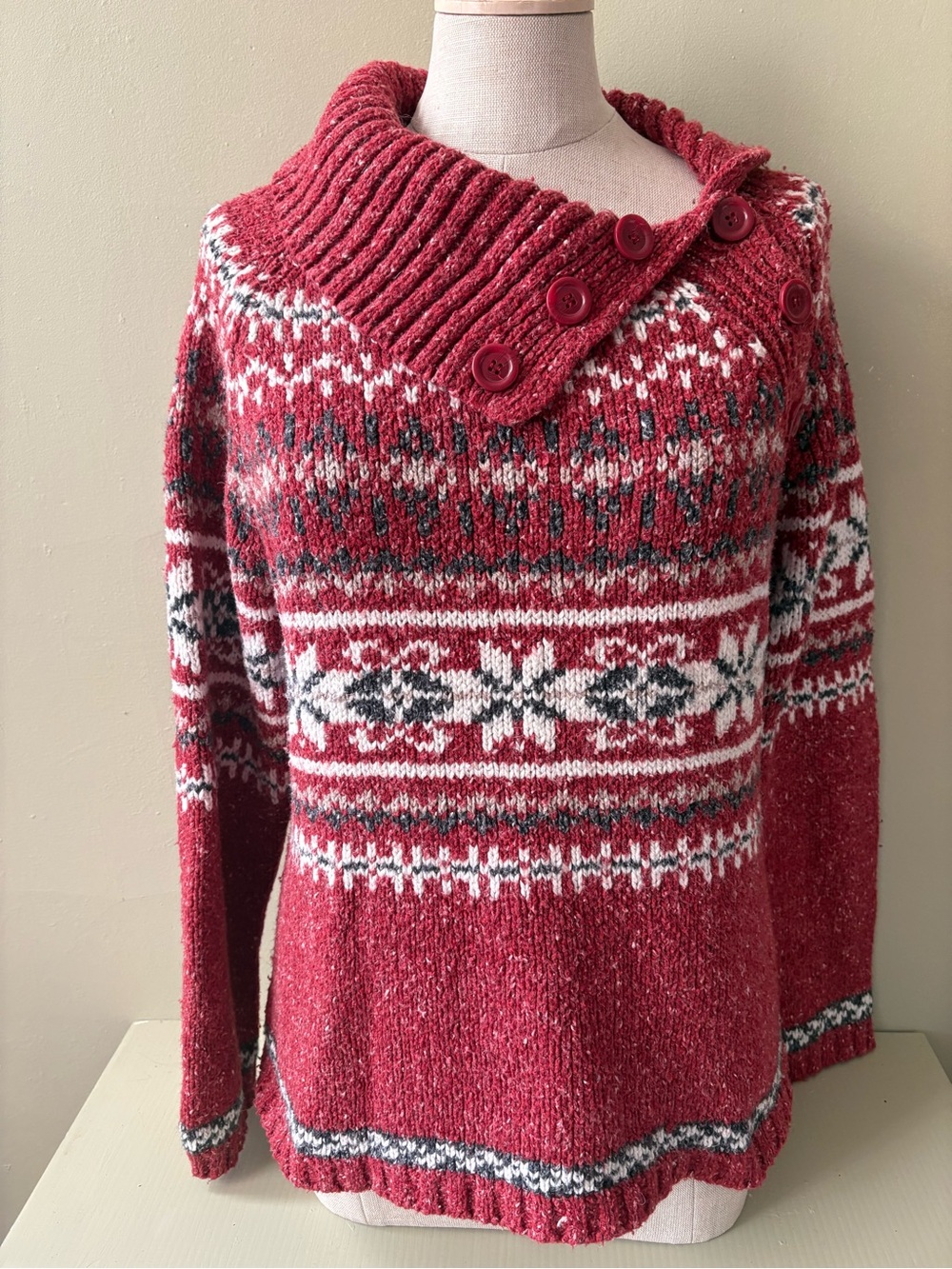 One on One Women's Red Fair Isle Button-Collar Turtleneck Sweater wool blend SzL